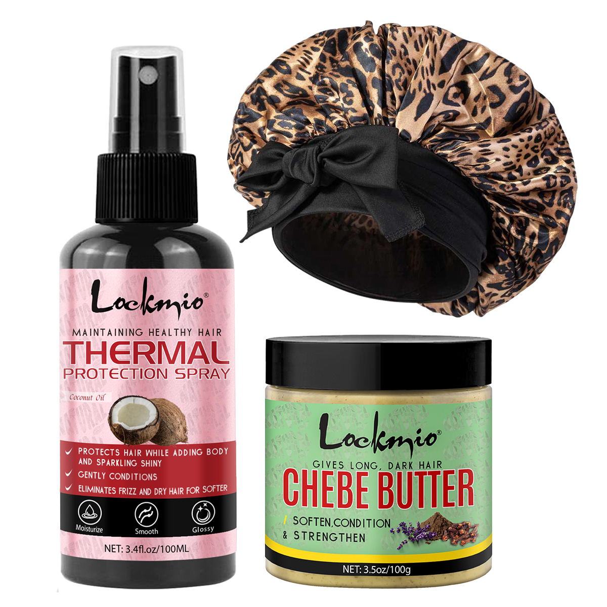 Hair Care Natural Ingredients - Hitzeschutzspray Chebe-Butter Leopardenmuster Satin-Haube Natürliche Inhaltsstoffe