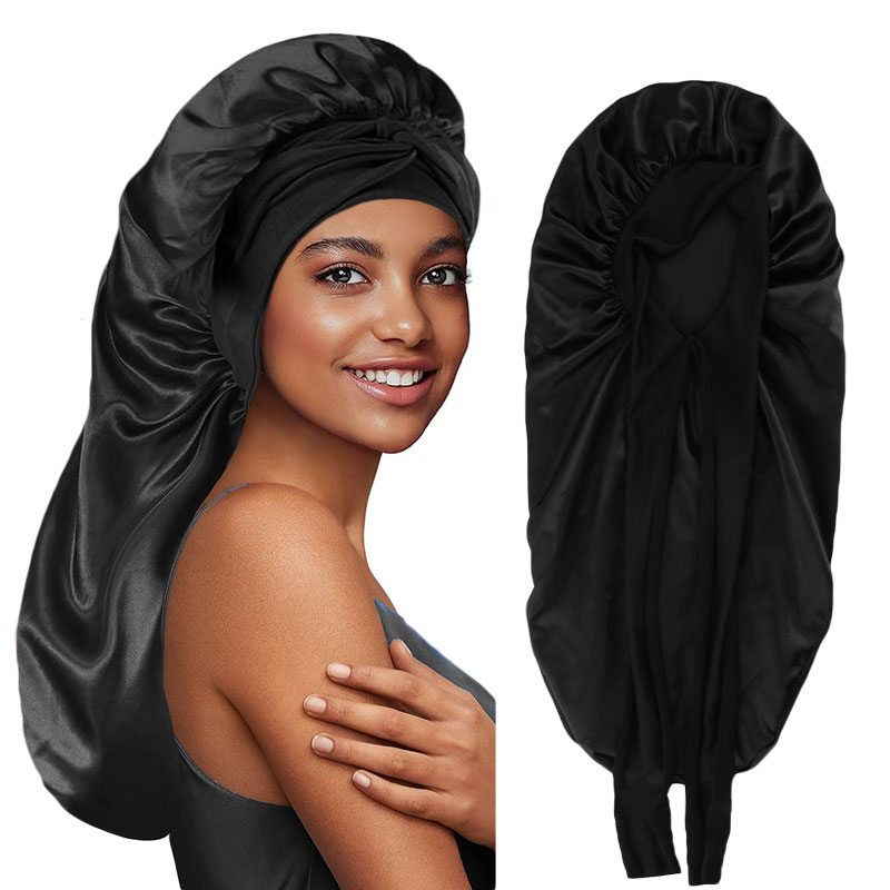 Satin Hair Bonnet - Einfarbige Schleife-Zopf-Mütze, klassische lange Satin-Mütze, weiche