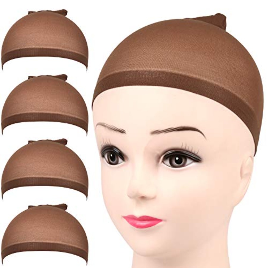 Wig Cap Stocking - Perückenkappe, 4 Stück, dunkelbraune, dehnbare Strumpfkappen