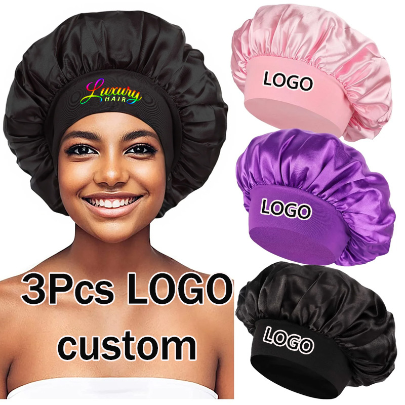 Satin Hair Bonnet - Seidensatin-Hauben mit Logodruck, 3-teilig, verstellbares elastisches